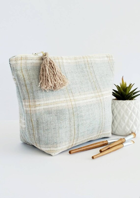 Makeup bag, plaid zipper pouch, turquoise and beige cosmetic bag,  tassel toiletry bag women, tee... | Etsy (CAD)