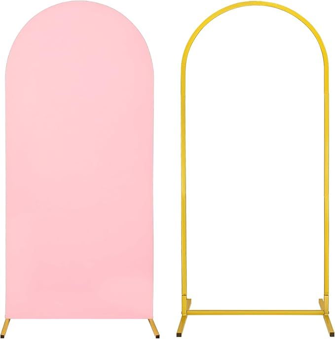 Metal Arch Stand and Cover Set,1 Pink Spandex Fitted Backdrop with 1 Gold Wedding Arched Stand Fr... | Amazon (US)