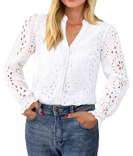 PRETTYGARDEN Women's Eyelet Tops 2025 Spring Dressy Casual Blouses Lace Long Sleeve Button V Neck... | Amazon (US)
