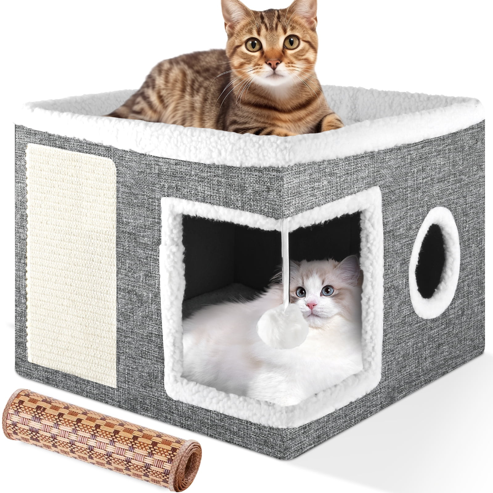 Cat Bed, YUWENUS Cat House for Indoor Cats with 2 Cushion, Large Cat Cave with Scratch Pad and Fl... | Walmart (US)