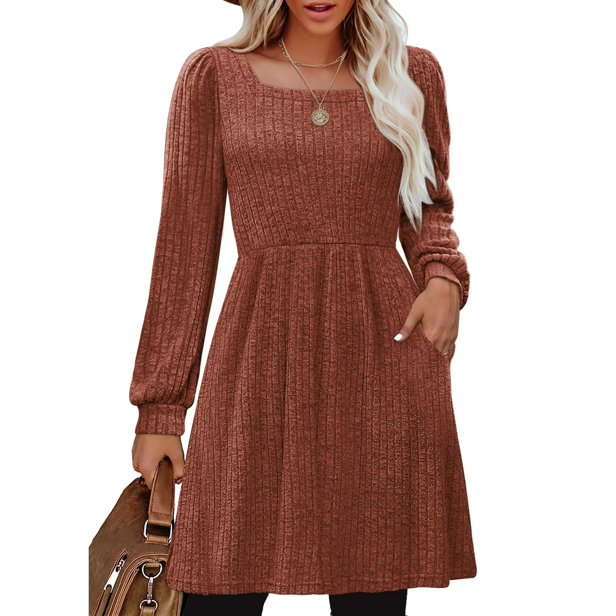 SHINE UP Dresses for Women Fall Square Neck Long Sleeve Knee Length Dress with Pockets | Walmart (US)