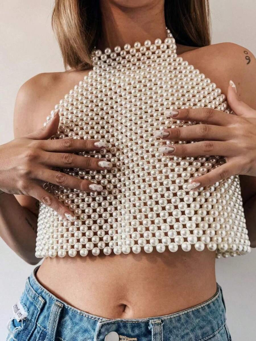 1pc Pearl Cropped Top Women's Pearl Clothing Party Favors Elasticated Waist Fits Al | SHEIN