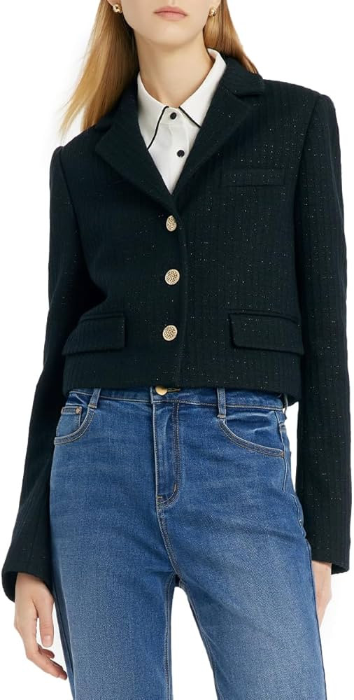 Womens Black Blazer Businesss Casual Single-Breasted V-Neck Cropped Vintage Jackets | Amazon (US)
