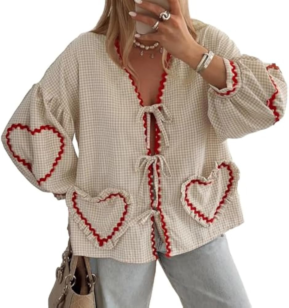 MOLERFO Tie Front Tops for Women Gingham Babydoll Bow Top Puff Sleeve Coquette Tops Heart Long Sl... | Amazon (US)