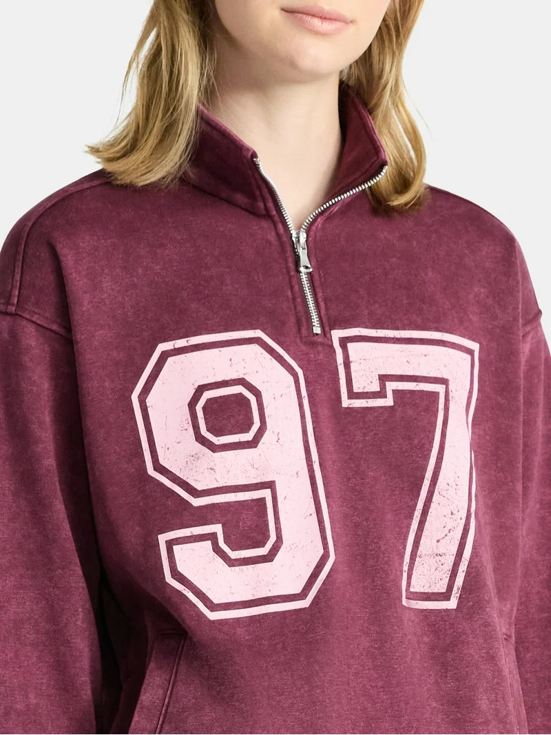 No Boundaries Mineral Wash Quarter Zip-Up Graphic Pullover Sweatshirt, Midweight, Women's | Walmart (US)