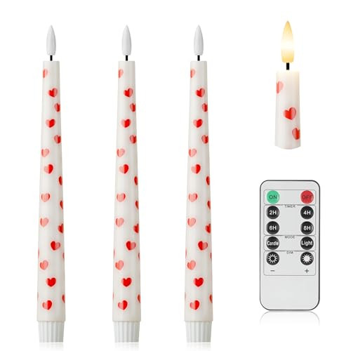 AFINETH Valentine Day Flameless Taper Candles with Heart, 9.6" Real Wax LED Candles with Remote, 3 Pack Flickering Battery Operated Candles for Proposal Wedding Anniversary Romantic Night | Amazon (US)