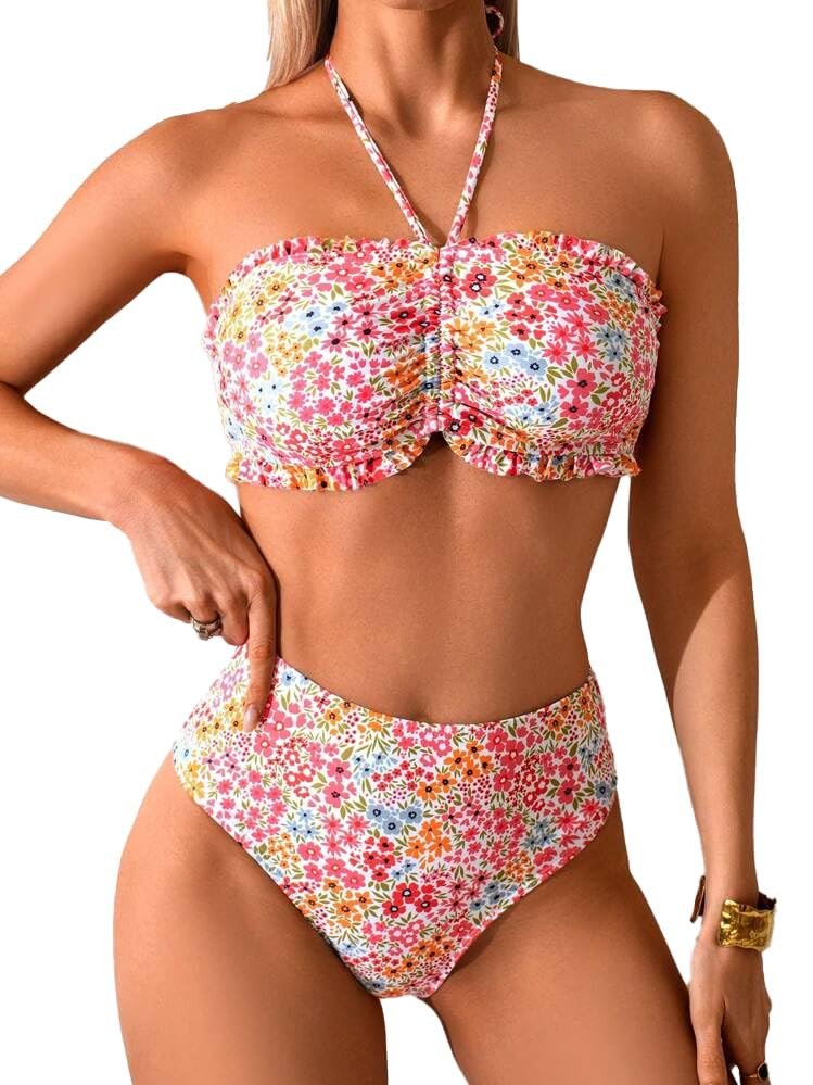 Women's Bandeau High Waisted Bikini Sets-2 Piece Swimsuit with Full Coverage Bottom Cute Bathing Suit | Amazon (US)