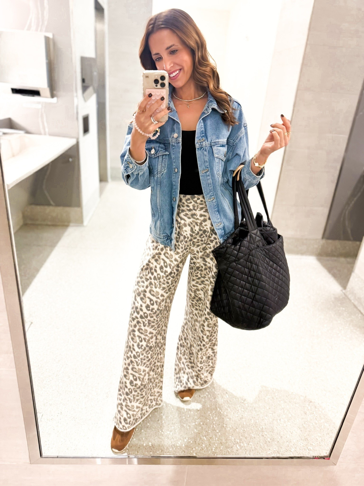 My travel outfit of the day! Leopard trouser style sweatpants in XXS regular. Denim jacket in XXS petite. Tory Burch suede sneakers are SO comfy! I went up half a size! Fall outfit. Airport outfit. MZ Wallace quilted travel tote. 


#LTKTravel #LTKootd #LTKSeasonal