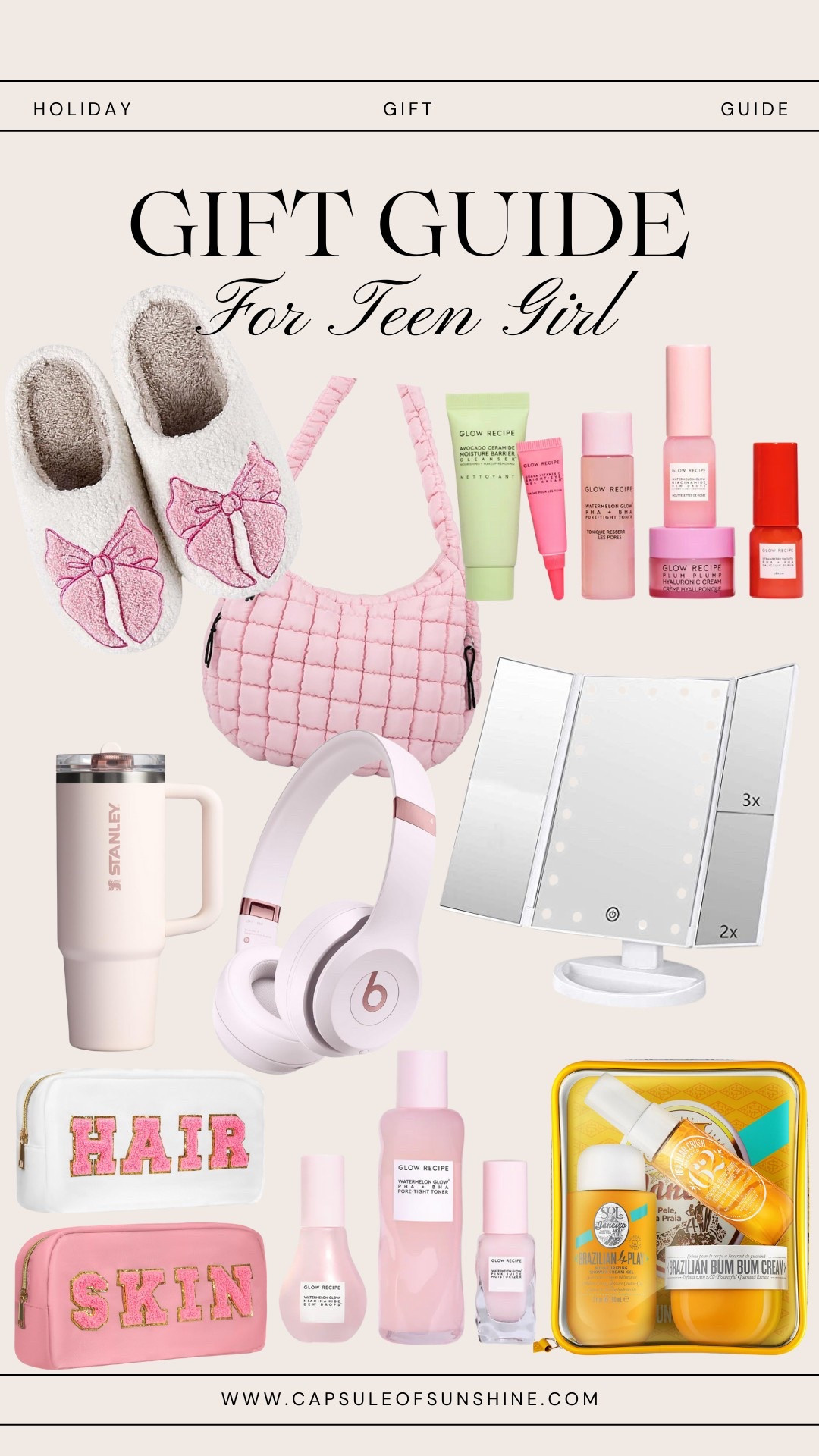 Looking for the perfect gift for the teen girl in your life? This curated list features trendy, practical, and must-have items she’ll love! From cozy slippers and aesthetic beauty products to stylish accessories and tech essentials, this guide has something for every teen’s wishlist.

🎀 Featured items include:
✔️ Glow Recipe skincare favorites
✔️ Stanley tumbler for on-the-go hydration
✔️ Quilted shoulder bag & embroidered pouches
✔️ Lighted vanity mirror for the ultimate glow-up
✔️ Beats wireless headphones for stylish sound
✔️ Sol de Janeiro body care set for self-care lovers

 #GiftGuide #TeenGirlGifts #HolidayShopping #CapsuleOfSunshine

#LTKU #LTKBeauty #LTKKids