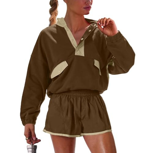 UNIANKIYA Womens Two Piece Matching Sets Long Sleeve Top Short Set with Pockets Casual Workout Lounge Travel Vacation Outfits | Amazon (US)