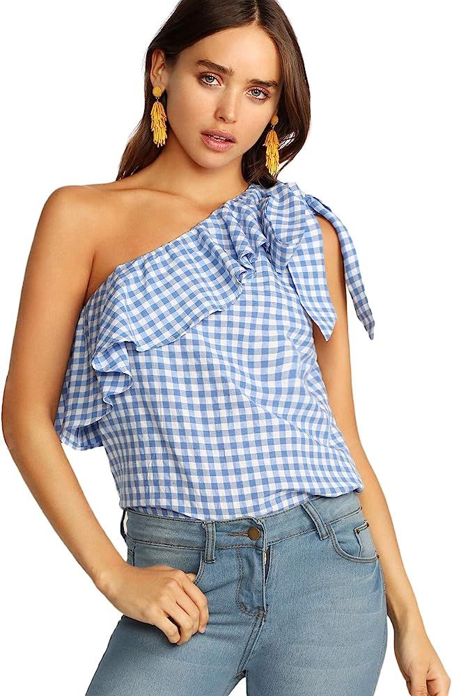 SheIn Women's Casual Sleeveless Tie Knot One Shoulder Plaid Ruffle Shirts Blouse Top | Amazon (US)