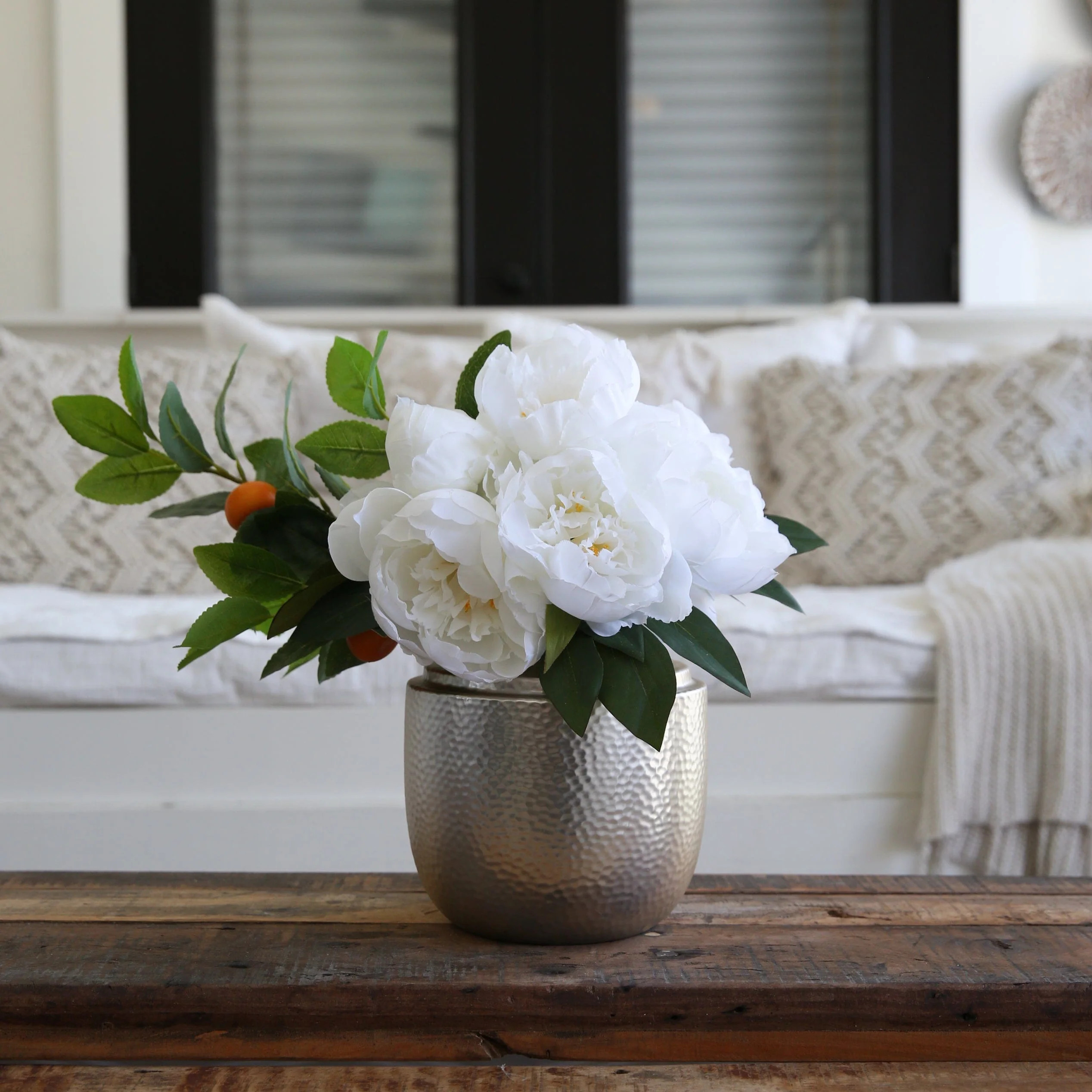 16\u201d Artificial Peony Dahlia Arrangement white Vase | Nearly Natural | Nearly Natural