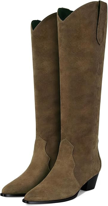 Suede Cowboy Boots for Women Pointed Toe Cowgirl Knee High Boots Chunky Heels Tall Boot Dressy Pu... | Amazon (US)