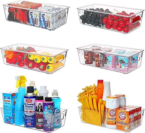 Plastic Storage Bin with Lid and Divider, ESARORA Clear Shallow Pantry Organizer with Handle for ... | Amazon (US)