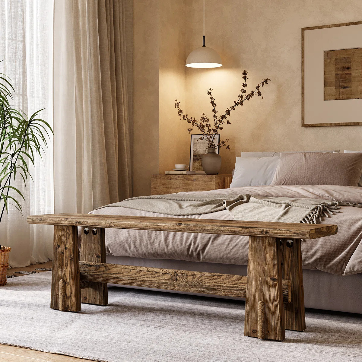 59" End of Bed Bench, Farmhouse Solid Wood Long Table Shoe Bench Seat with Unique Design for Bedr... | Wayfair North America