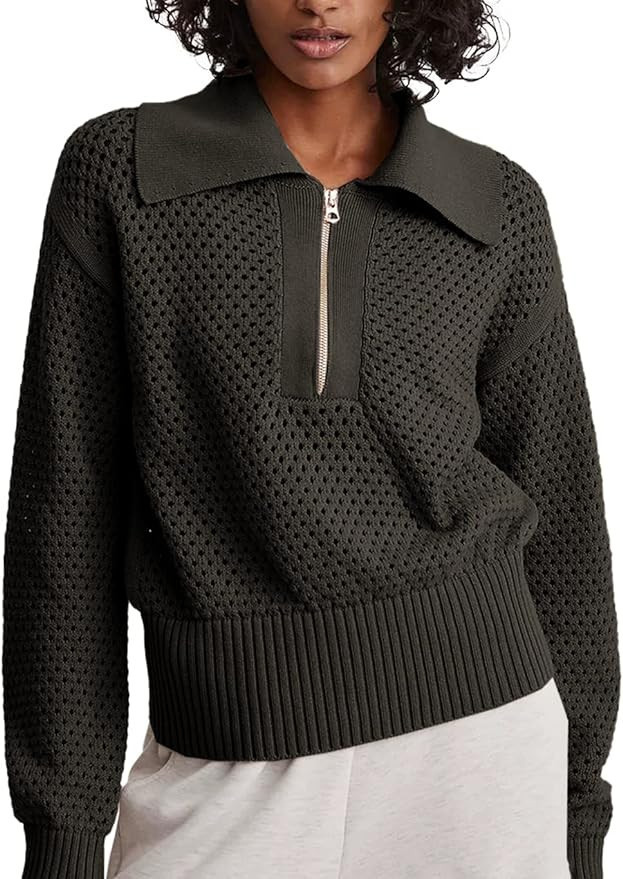 Doshoop Women's Half Zip Pullover Sweaters Crochet Lapel Collar Long Sleeve Knit Solid Color Jump... | Amazon (US)