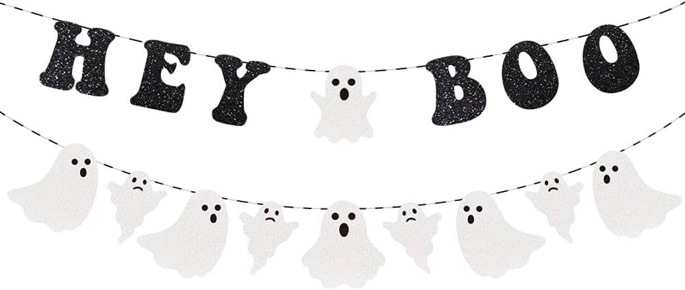 Hey Boo Banner Halloween Party Decorations, Glittery Ghost Banner Happy Halloween Party Supplies,... | Amazon (US)