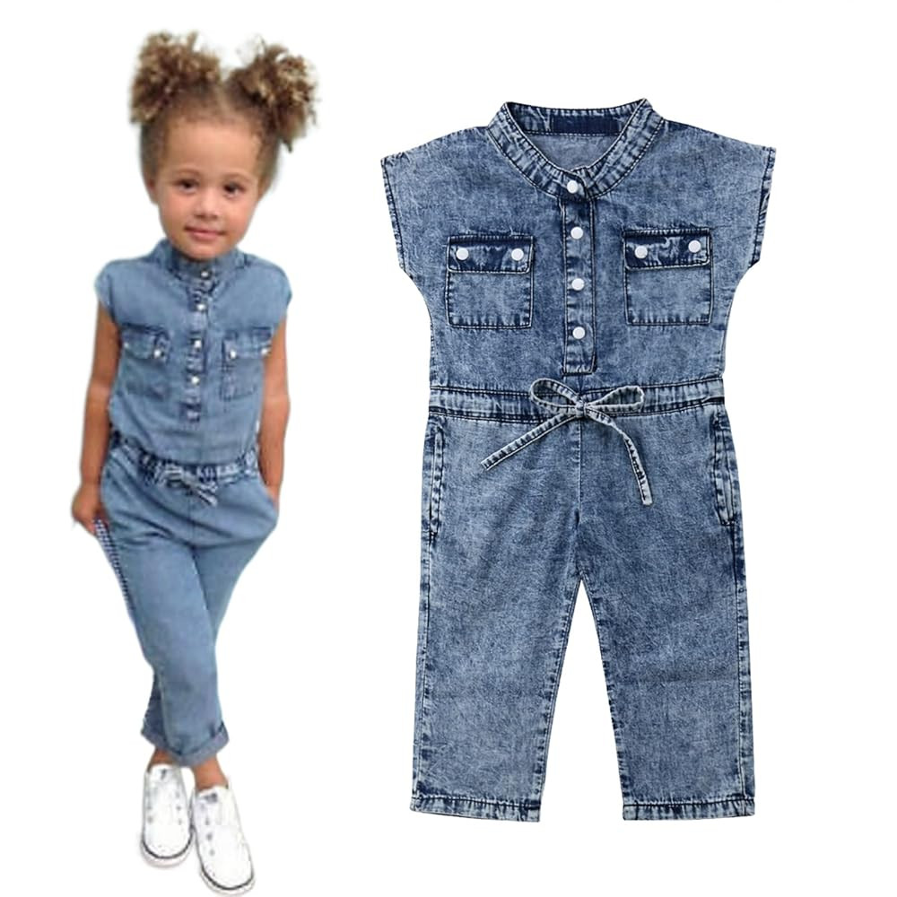 Toddler Girl Denim Pants Overalls Short Sleeve Round Neck Button Down Jeans Jumpsuit Clothing | Amazon (US)