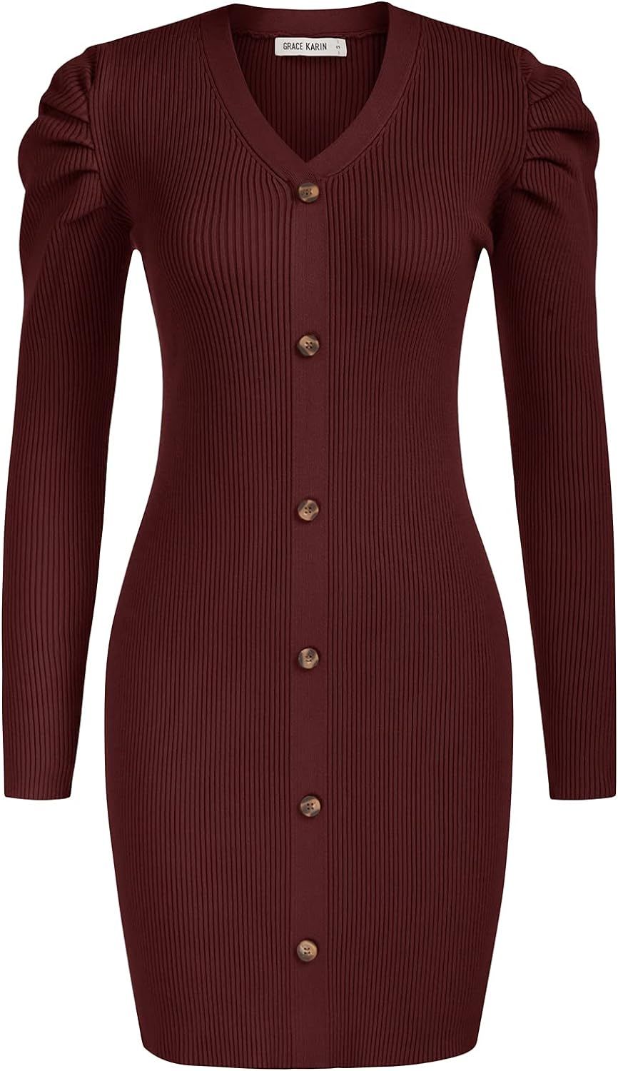 GRACE KARIN Women Puff Long Sleeve Sweater Dress Knit V Neck Bodycon Dress Buttons Long Pullover ... | Amazon (US)