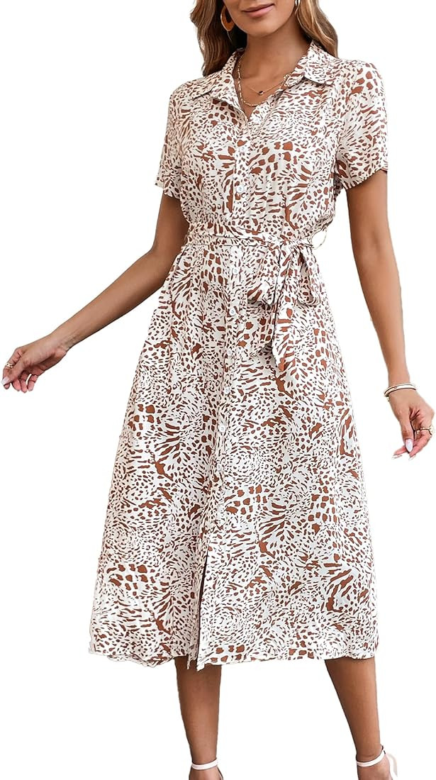 BROVAVE Women's 2025 Summer Short Sleeve Work Dresses Tie Waist Button Down Animals Print Midi A-... | Amazon (US)
