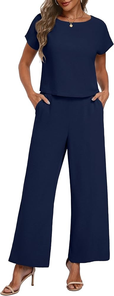 Lepunuo 2 Piece Sets for Women Summer Cap Sleeve Crop Top Wide Leg Pants Matching Lounge Set Vaca... | Amazon (US)