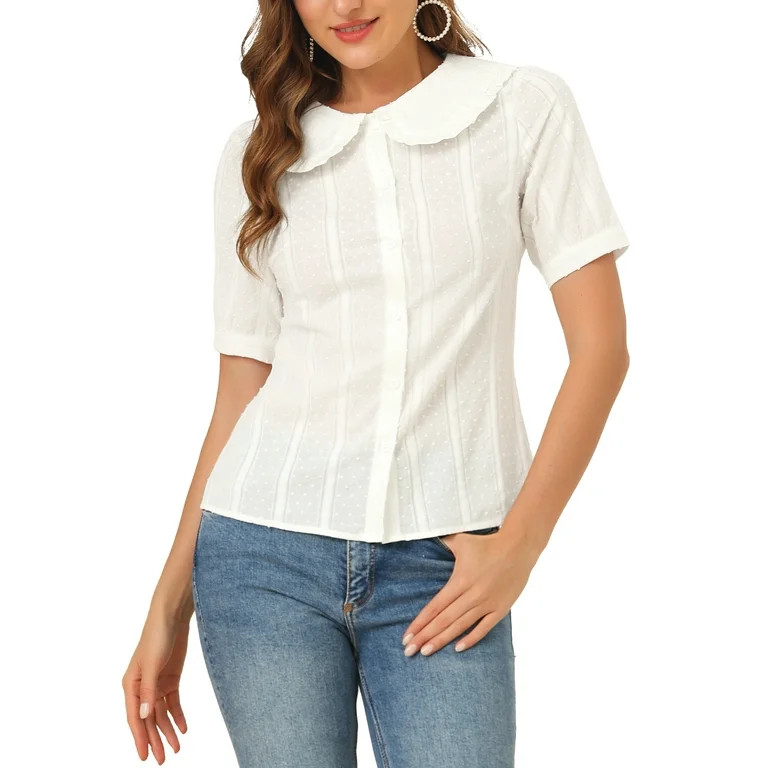 Allegra K Women's Swiss Dots Short Sleeves Button Front Shirt Peter Pan Collar Blouse | Walmart (US)