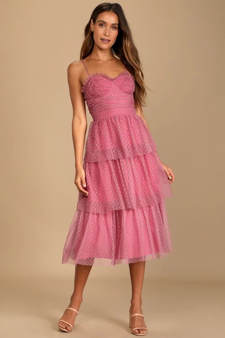 Sweetheart Style Mauve Polka Dot Bustier Tiered Midi Dress | Lulus