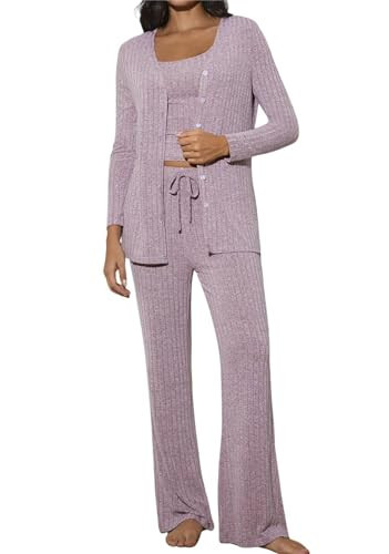 MakeMeChic Women's Lounge Sets 3 Piece Pajamas Set Open Front Cardigan Tank Tops Pants Loungewear Nightwear Pink Large | Amazon (US)