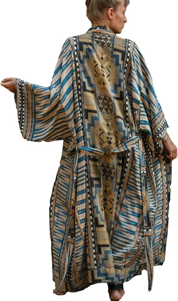 RanRui Beach cover up over sized kimonos Women's geometry Print Rayon kimonos with belt for summe... | Amazon (US)
