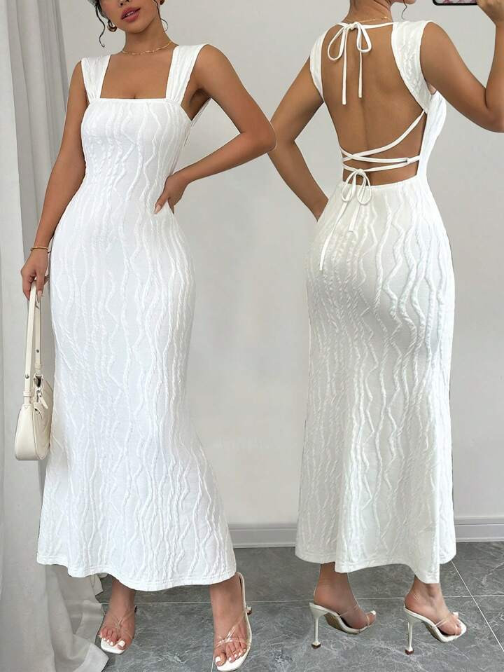 Rafferiza Women's Summer Solid Color Fishtail Hem Spaghetti Strap Bodycon Backless Dress Maxi Women Outfit | SHEIN