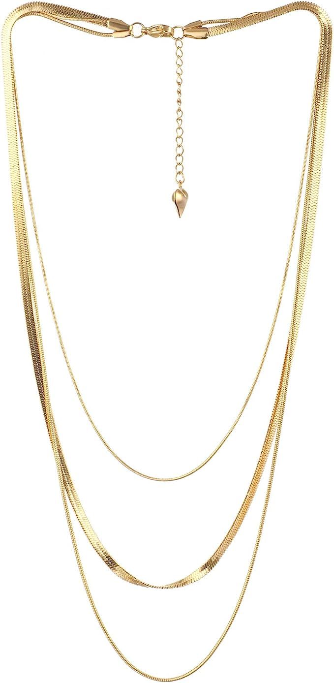 Léwind Herringbone Chain Layered Necklace, 3mm Layering Chain Long Choker Necklace, 18K Gold Dai... | Amazon (US)