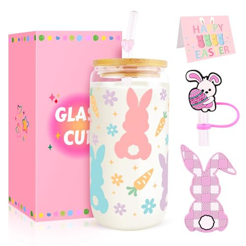 Lingdeer Easter Glass Cups with Lids and Straws, Easter Basket Stuffers Gifts for Her Women Girls Teens Daughters, 16oz Peeps Bunnies Iced Coffee Drinking Glass Cups Tumbler Mug | Amazon (US)