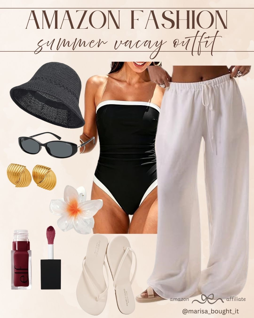 🏖️ Planning your next getaway? I curated the ultimate chic and effortless resort look using only Amazon fashion finds. This classic black and white strapless swimsuit pairs beautifully with breezy, wide-leg linen pants for a timeless pool-to-lunch transition.
I completed the outfit with a trendy crochet bucket hat, sleek sunglasses, and chunky gold earrings to elevate the vibe. Everything is comfortably styled for a relaxing day in the sun. 🌊🕶️✨
#AmazonFashion #AmazonFinds #VacationOutfits #ResortWear #SummerStyle #BeachOOTD #AmazonStyle

#LTKTravel #LTKSeasonal #LTKootd