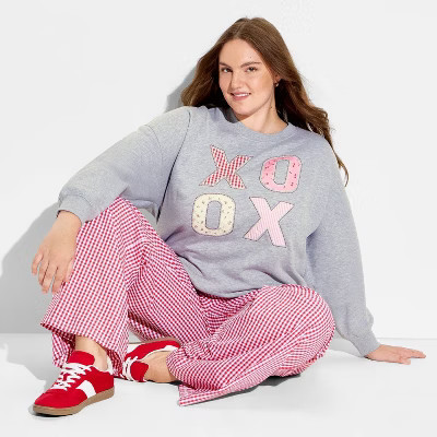 Women's XOXO Fleece Graphic Pullover Sweatshirt - Light Gray 1X | Target