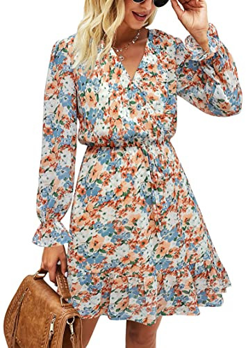 KIRUNDO Women Casual Summer Fall Dresses Long Sleeve Floral Wrap V Neck High Waist Ruffle Tiered A Line Flowy Mini Dress(Yellow Flower, Medium) | Amazon (US)