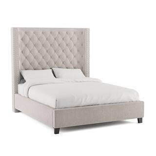 Lindman Ivory White Tall Headboard Upholstered Wood Frame King Platform Bed With Nailhead Trim | The Home Depot
