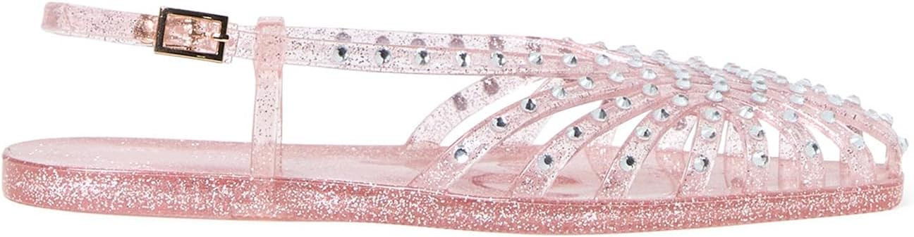 Jelly Slingback Flat Sandals for Women Square Open Toe Rhinestone Flats Sandals Buckle Strap Cute... | Amazon (US)