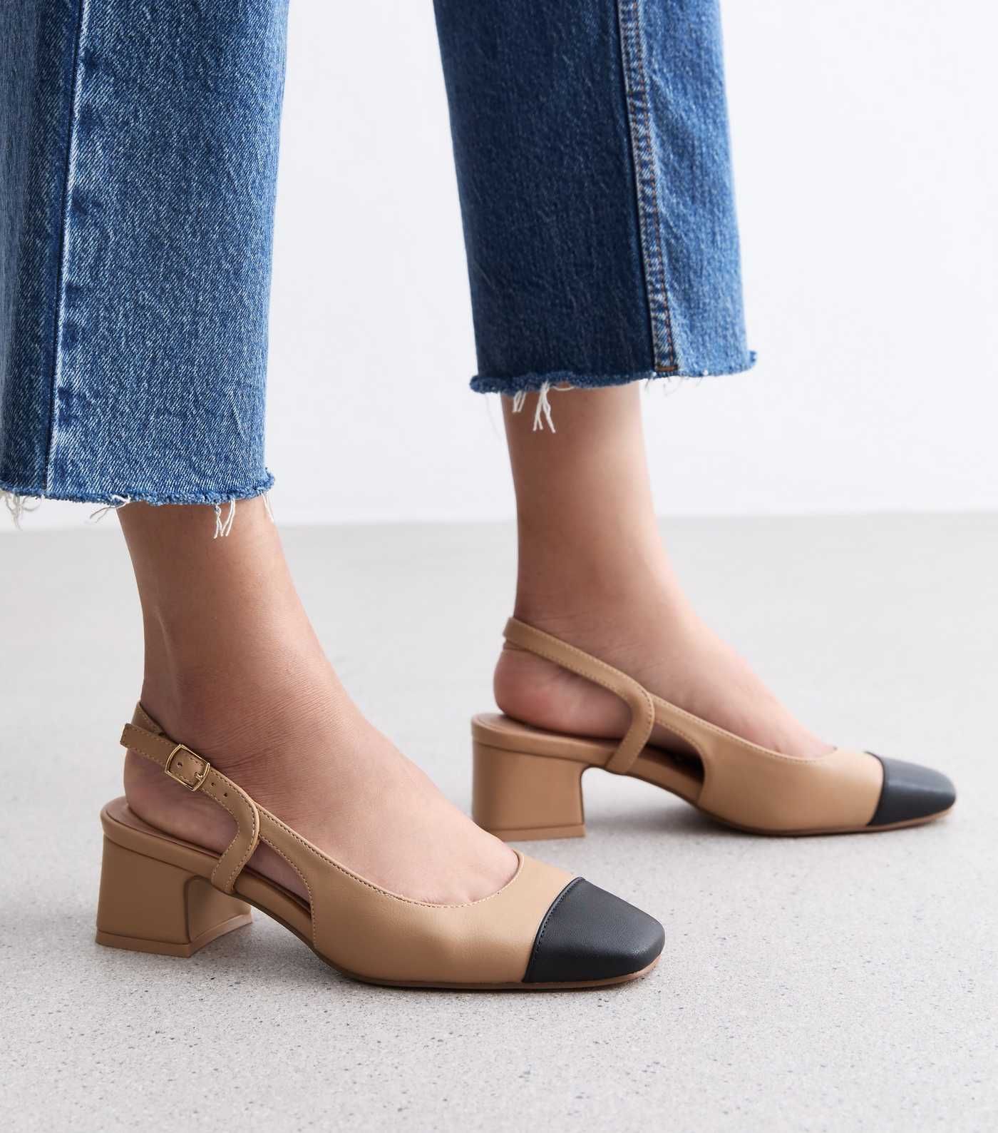 Camel Leather-Look Slingback Block Heel Court Shoes | New Look | New Look (UK)