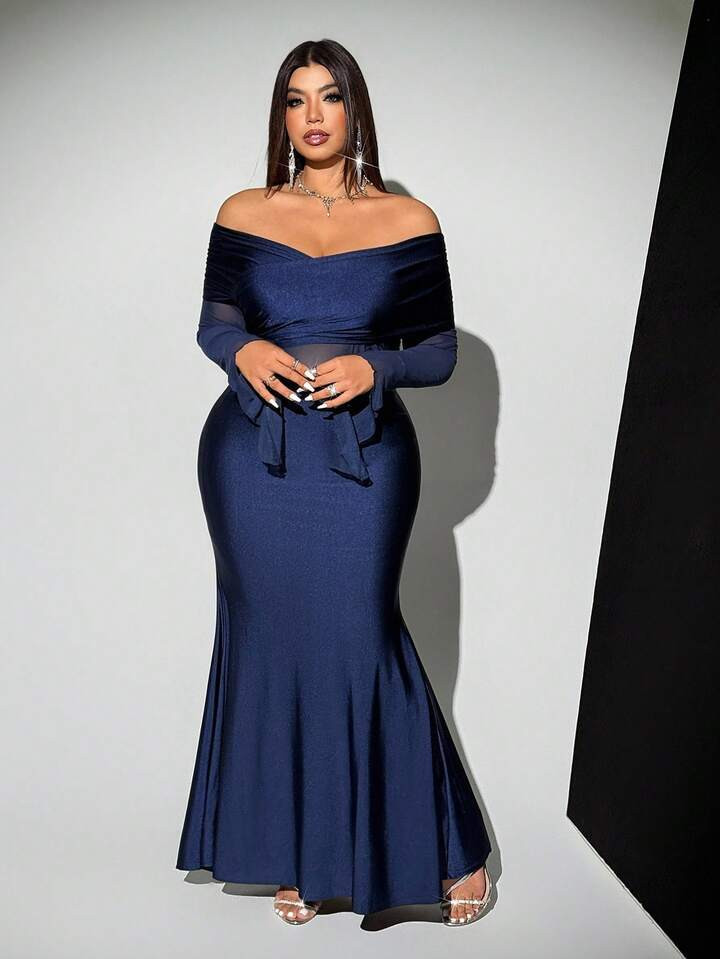 Viva Relle Plus Size Women's Off Shoulder Fashionable Sheer Flare Sleeve Solid Color Ruffle Dress | SHEIN