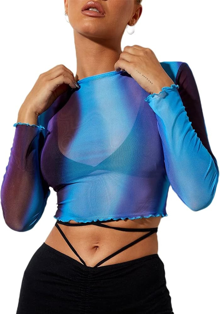 Remidoo Women's Mesh Tops Long Sleeve Crop Top Crewneck Tie Dye Cropped T Shirt | Amazon (US)