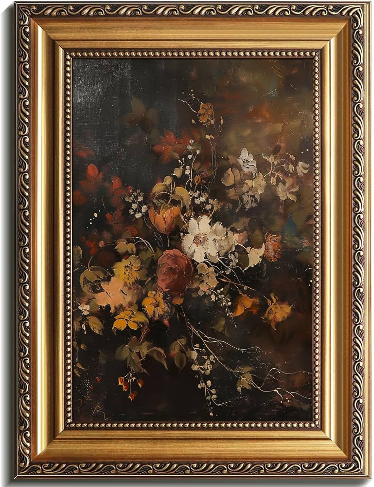 uniro Vintage Gold Framed Wall Art, Moody Dark Autumn Floral Wall Art Prints Painting, Retro Boto... | Amazon (US)