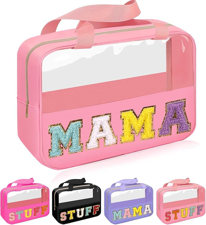 Amazon.com: Iqimott Chenille Letter Patch Mama Bag, Preppy Clear Makeup Cosmetic Bag Large Toilet... | Amazon (US)