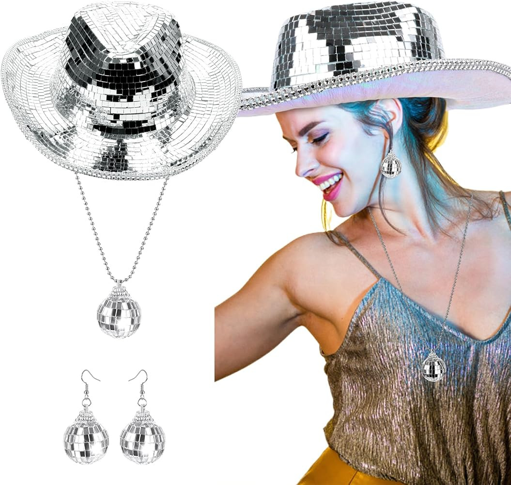 MAKCNMYM Disco Cowboy Hat Silver Cowgirl Hat with Disco Ball Necklace and Sparkly Mirrored Earrin... | Amazon (US)