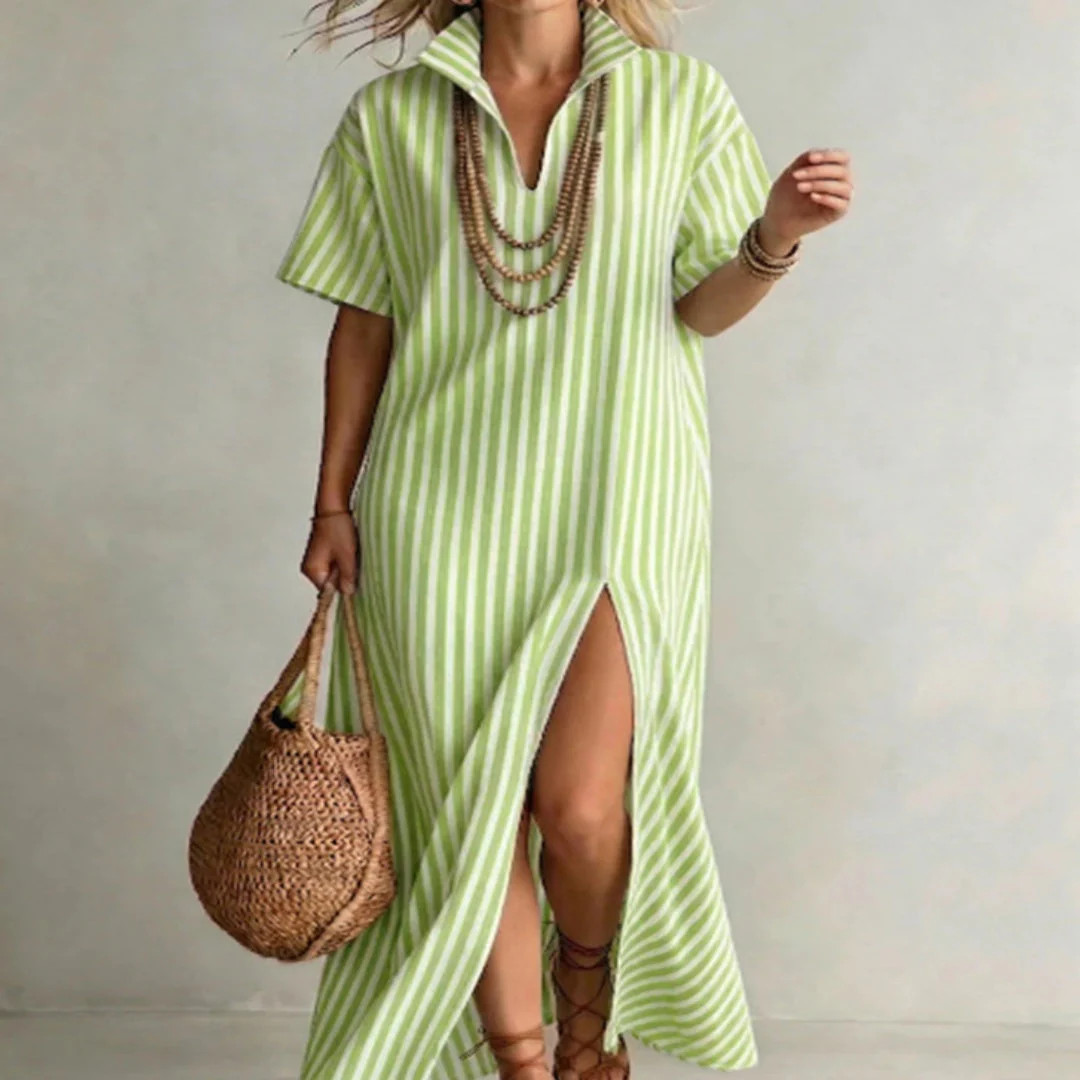 Women's Striped Slit Cotton-Linen Maxi Dress \u2013 V-Neck Short Sleeve | Zulily