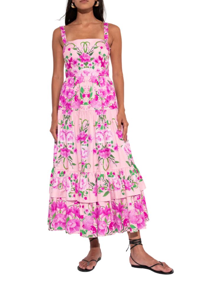Daniela Cotton Midi Dress in Antheia Pink Placement | Over The Moon