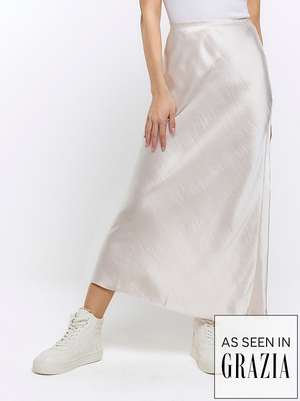Bias Satin Midi Skirt - Light Stone | Very (UK)