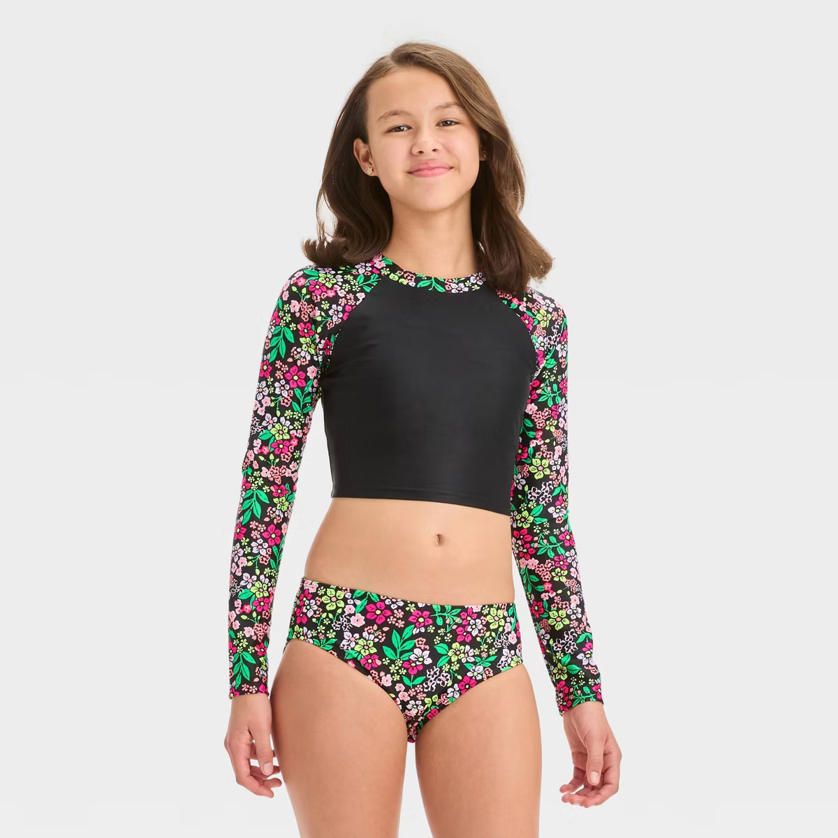 Girls' Floral Printed Rash Guard Set - art class™ Black L | Target