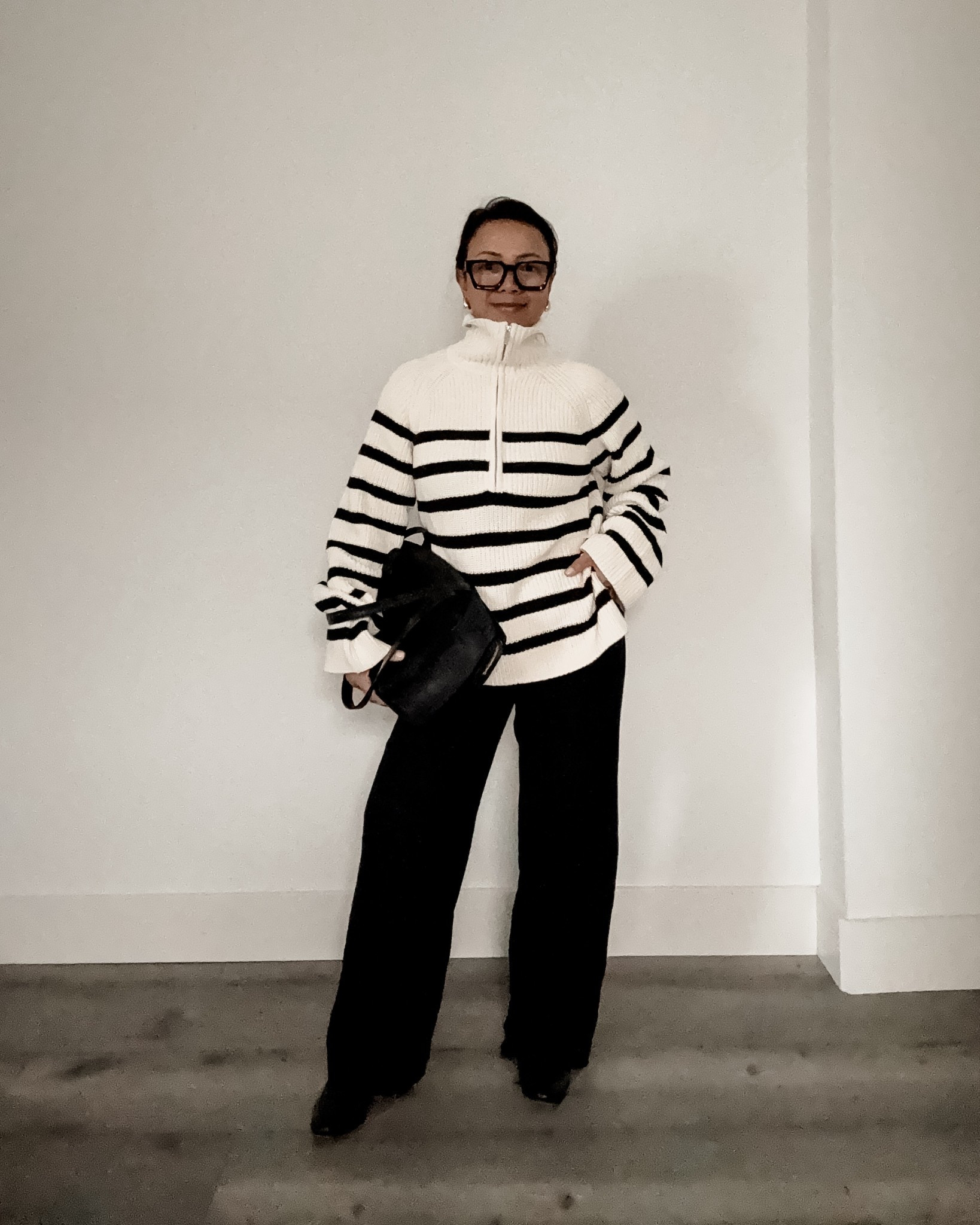 striped half zip sweater // wide leg pants // black boots // black frame glasses // vintage louis vuitton epi bag under 1000 // classic style // workwear outfit 

#LTKSaleAlert #LTKWorkwear #LTKPetite