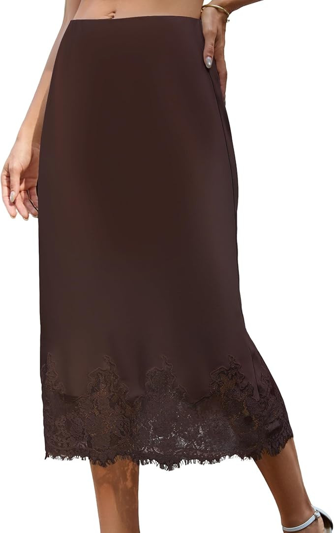 Bsubseach Women Satin Midi Skirt Elastic Waist A-Line Skirt with Lace Trim | Fall Silk Long Skirt... | Amazon (US)