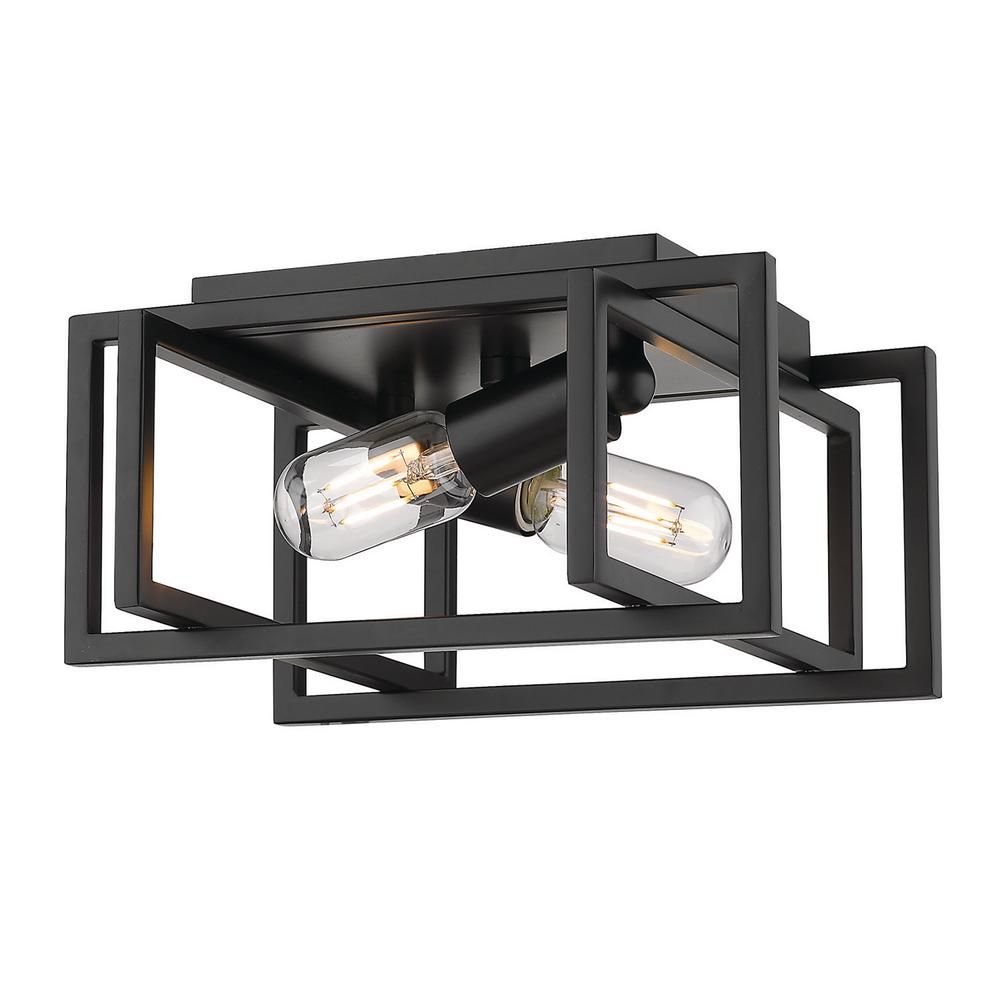 Golden Lighting Tribeca 11.5 in. 2-Light Black with Black Accents Flush Mount | The Home Depot